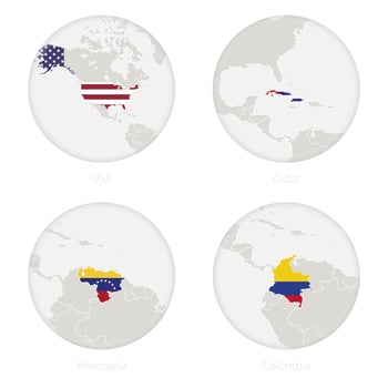 USA, Cuba, Venezuela, Colombia map contour and national flag in a circle. vector
