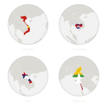 Vietnam, Cambodia, Laos, Myanmar map contour and national flag in a circle. vector