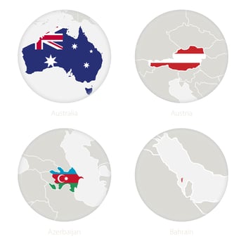 Australia, Austria, Azerbaijan, Bahrain map contour and national flag in a circle. vector