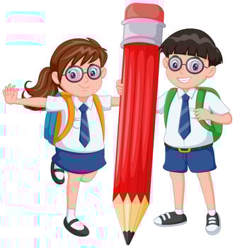 Cartoon school kids holding a big pencil. Vector illustration