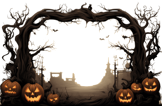 Halloween Backdrop, background, photo frame, pattern, pumpkin head jack lantern, Pumpkins In Graveyard In The Spooky Night, transparent background, AI Generated png