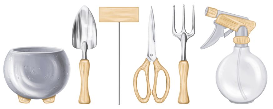 A set of garden tools rake, shovel, scissors, spray gun, pot and index plate. Equipment of florist and an agronomist for cultivating the land, farm, plant and flower. Digital isolated illustration png