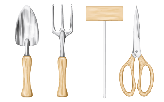 A set of garden tools rake, shovel, scissors and index plate. Equipment of a florist and an agronomist for cultivating the land, care of the farm, plants and flowers. Digital isolated illustration png