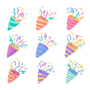 Party poppers explode confetti at birthday party events. vector