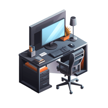 Ai generated isometric office desk with computer monitor, keyboard, mouse and monitor png