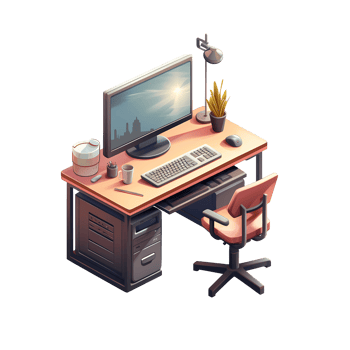 Ai generated isometric office desk with computer monitor, keyboard, mouse and monitor png
