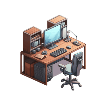 Ai generated isometric office desk with computer monitor, keyboard, mouse and monitor png