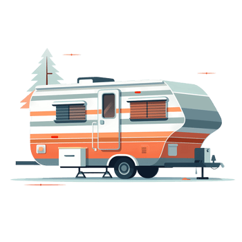 Ai generated rv trailer on a flat surface with trees and rocks png