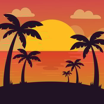 Gradient beach sunset landscape with palm tree background vector