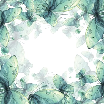 Delicate turquoise and blue butterflies with bubbles are airy, light, beautiful. Hand drawn watercolor illustration. Template, frame on a white background for cards, posters vector