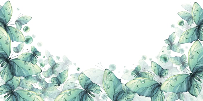 Delicate turquoise and blue butterflies with bubbles are airy, light, beautiful. Hand drawn watercolor illustration. Template, frame on a white background for cards, posters. vector