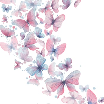 Butterflies are pink, blue, lilac, flying, delicate with wings and splashes of paint. Hand drawn watercolor illustration. Composition stream, template on a white background, for design vector