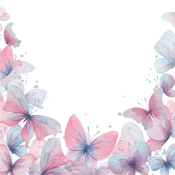 Butterflies are pink, blue, lilac, flying, delicate with wings and splashes of paint. Hand drawn watercolor illustration. Square frame, template on a white background, for design. vector