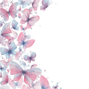 Butterflies are pink, blue, lilac, flying, delicate with wings and splashes of paint. Hand drawn watercolor illustration. Frame, template on a white background, for design vector