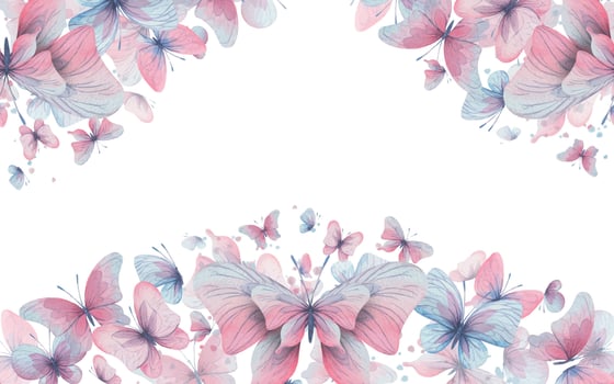Butterflies are pink, blue, lilac, flying, delicate with wings and splashes of paint. Hand drawn watercolor illustration. Frame, banner, template on a white background, for design. vector