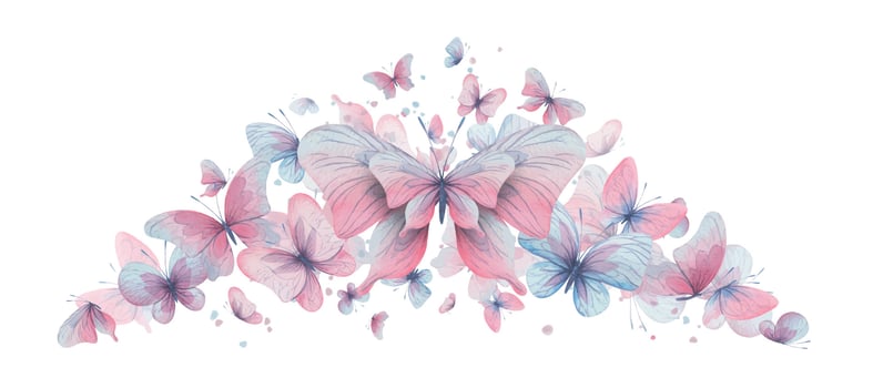 Butterflies are pink, blue, lilac, flying, delicate with wings and splashes of paint. Hand drawn watercolor illustration. Isolated composition on a white background, for design vector