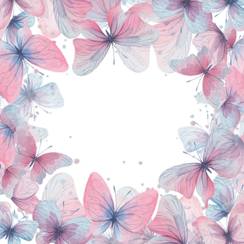 Butterflies are pink, blue, lilac, flying, delicate with wings and splashes of paint. Hand drawn watercolor illustration. Square frame, template on a white background, for design. vector