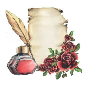 For Valentine's Day red roses with ink and writing pen, blank papyrus paper sheet for inscription. Hand drawn watercolor illustration. Isolated composition on a white background vector