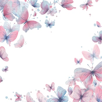 Butterflies are pink, blue, lilac, flying, delicate with wings and splashes of paint. Hand drawn watercolor illustration. Square frame, template on a white background, for design vector
