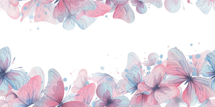 Butterflies are pink, blue, lilac, flying, delicate with wings and splashes of paint. Hand drawn watercolor illustration. Seamless border on a white background, for design vector