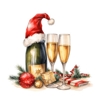 One bottle of Champagne with little Santa Hat on it, two full glasses, New Year's mood, christmas decorations and lights around the bottle and glasses. Illustration isolated on transparent background. png