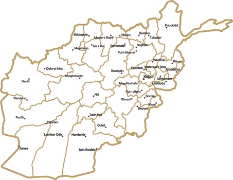 Vector white outline map of the Republic of Afghanistan. State with regional divisions and major cities.
