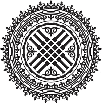 Vector monochrome Kazakh national ornament shanyrak. Yurt decoration. Ethnic pattern of nomadic peoples of the great steppe, Kirghiz, Kalmyks, Buryats, Mongols.