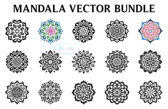 Black and White Vector floral mandala art design set, Vintage Circle Mandala art vector illustration Bundle, Simple and minimal beautiful mandala icon