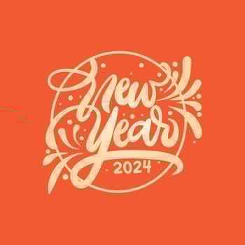 Happy New Year 2024 greeting card vector template. Christmas social media banner design with congratulations. Golden numbers with confetti realistic illustration on white background.