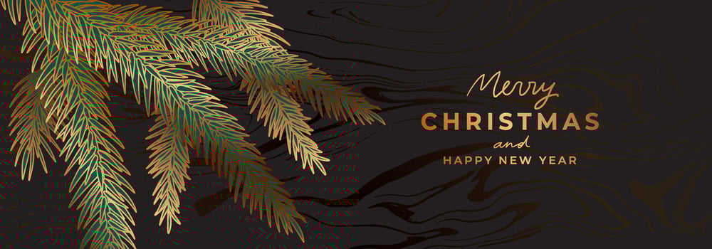 Luxury golden Christmas banner template. Gold christmas tree, pine branches. Fancy New Year black background with marble texture vector