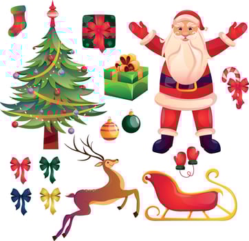 Set of elements for Christmas design. Traditional attributes. Santa, Christmas tree, presents, reindeer, sleight. Merry Christmas, Happy new Year, Winter holidays concept for greeting card, banner vector