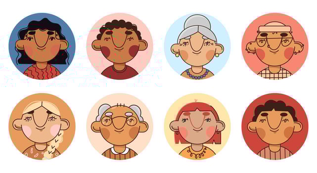 Group abstract people.faces of young and elderly people. Portraits of different happy men and women of different races and ages. A set of user profiles. Colorful flat vector illustration