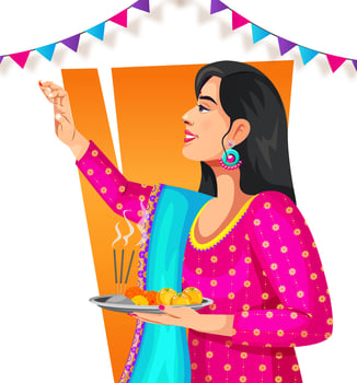Vector side pose of an Indian woman applying tika and holding puja thali on the occasion of Bhai Dooj