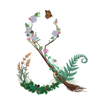 Floral detailed ampersand sign illustration with butterfly and fern leaves. Vector clip art for prints, t-shirts, bags, cloth, design, invitation.