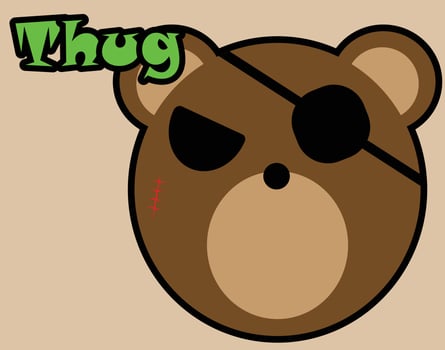 A thug bear, cartoon style bear with evil look, bear vector illustration, the word thug, pink and yellow colors, cool sign and tag, eye patch, character design, suitable for gaming and social media