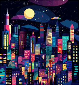Night cityscape with skyscrapers and moon. Vector illustration