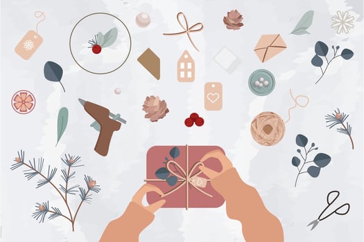 Flat design DIY creative workshop. Vector illustration. View of the table with hands, work on handmade hobbies, business. Isollated white background.