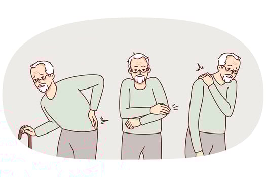 Unhealthy old man suffer from health problems. Unwell mature grandfather struggle with sickness or disease. Elderly healthcare and geriatrics. Vector illustration.