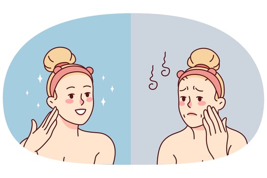 Woman before and after beauty face procedures. Unhappy female satisfied with cosmetology treatment result. Vector illustration.