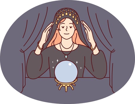 Female fortune teller look at magic ball predict future. Woman gypsy in robe do magical ritual in room. Vector illustration.