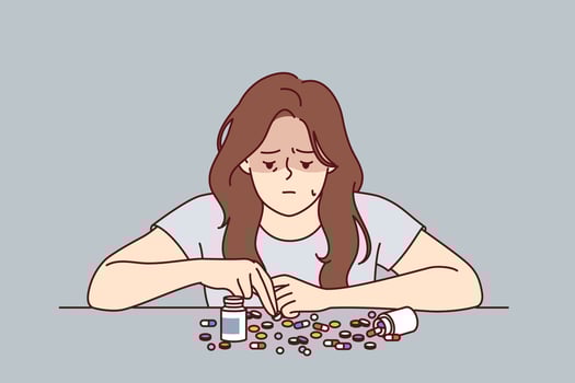 Woman is about to commit suicide and drink lethal dosage medication, sitting at table with antibiotics. Girl is considering medication for depression and feels hopelessness caused by mental problems vector