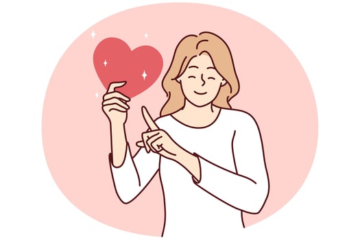 Happy young woman hold heart show with finger ask for donation or charity investment. Smiling girl point at love symbol in hands. Affection and care. Vector illustration.