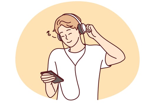 Smiling young man in headphones listen to music on cellphone. Happy millennial guy in earphones enjoy good quality sound on smartphone. Vector illustration.