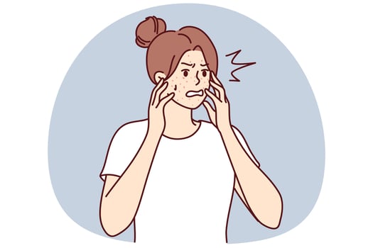 Angry young woman distressed with red pimples. Stressed girl frustrated with acne or allergy on face. Skincare problems. Vector illustration.