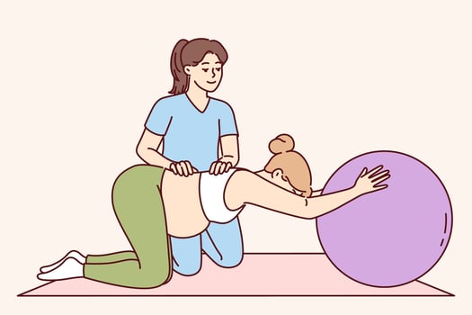 Gymnastics for pregnant women and physical exercise under supervision of physiotherapist to help prepare for childbirth. Pregnant girl doing pilates with big rubber ball to keep health in good shape vector