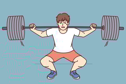 Man squats with barbell on shoulders, doing weightlifting in gym and trying to set new sports record. Guy wants to become professional bodybuilder lifts barbell to build muscle and succeed in fitness vector