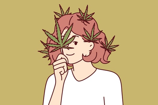 Woman with cannabis petals on face and hair calls for legalization of marijuana for medical and recreational purposes. Girl decorates hair with cannabis, wanting to prove advantage of using cannabis vector