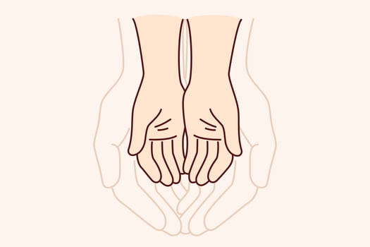 Hands of adult and child symbolize unity of different generations and care for children. Touching comparison of size of hands of father and son experiencing affection or trust in family vector