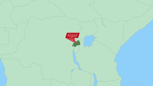 Map of Rwanda with pin of country capital. vector