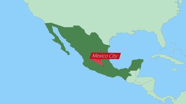 Map of Mexico with pin of country capital. vector